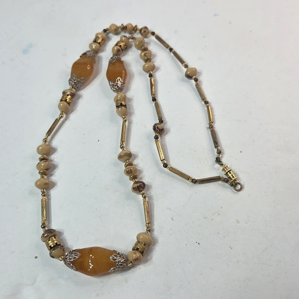 Butterscotch Agate Stone Beggers Beaded Gold Tone Vintage Necklace 70s 80s 30in